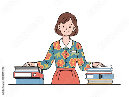 Librarian and Collection: A friendly librarian, standing beside a collection of books, embodying knowledge, learning, and the welcoming essence of a library.