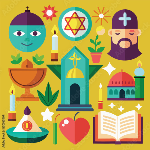 Colorful illustration featuring various religious symbols and icons, representing different faiths and beliefs.