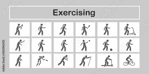 Exercising Line Icons. Editable Stroke. Contains such icons as Running, Cycling, Yoga, Weightlifting, Stretching, Soccer, Football, Tennis, Basketball, Fighting, Aerobics, Exercising Icons set.