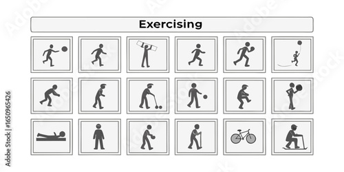 Exercising Line Icons. Editable Stroke. Contains such icons as Running, Cycling, Yoga, Weightlifting, Stretching, Soccer, Football, Tennis, Basketball, Fighting, Aerobics, Exercising Icons set.