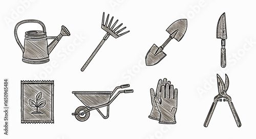 Hand drawn gardening tools set