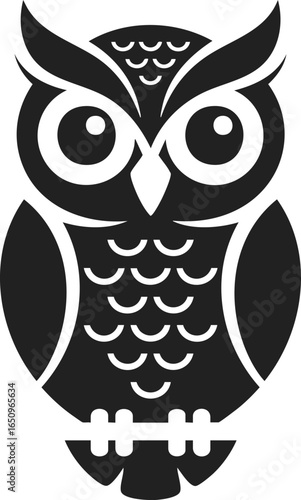 Owl silhouette, nocturnal bird, wise creature, night predator, emblem design, woodcut style
