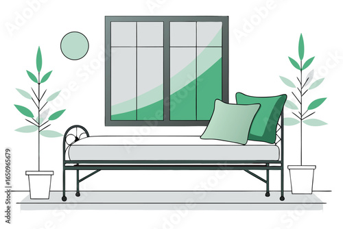Daybed with pillows and plants in front of a window