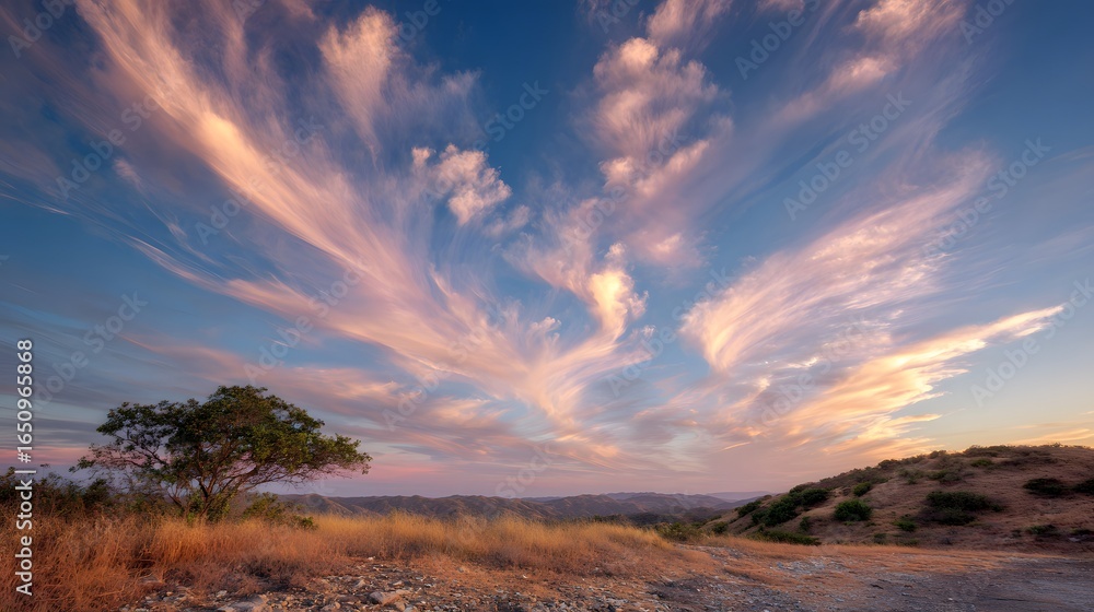 Obraz premium Beautiful pink clouds in blue sky at sunset, symbolizing peace, nature, relaxation, and inspiration, perfect for backgrounds, design templates, travel, wellness, and creative concepts.