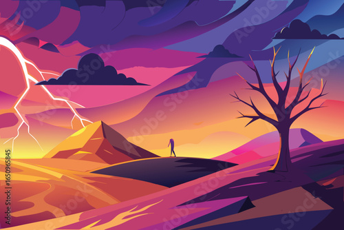 Dramatic landscape with lightning strike and lone figure