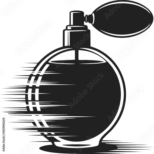 Perfume bottle, vintage fragrance dispenser, classic scent sprayer with an elegant silhouette, black and white engraved illustration