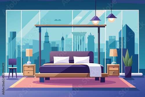 Modern bedroom interior with city view at night contemporary