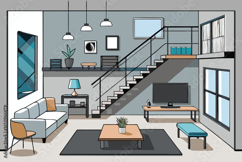 Modern loft apartment interior with staircase living room