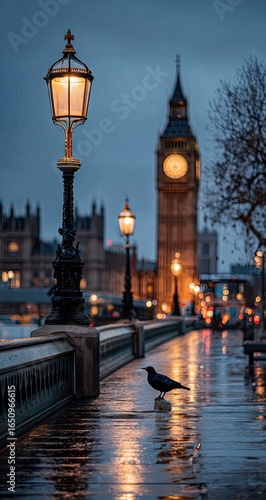 Rainy London cityscape, crow on wet path