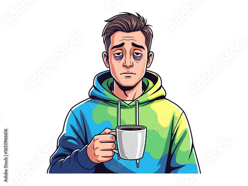 Exhausted Morning Routine: A weary individual, with heavy eyes and dark circles, clutches a warm coffee mug, embodying the early morning struggle and need for caffeine.