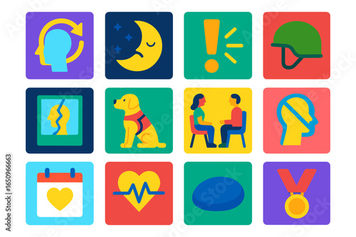 Colorful flat icons set featuring therapy, mental health, and communication themes