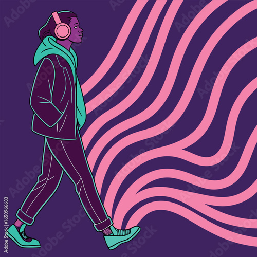 Person with headphones walking against abstract wavy lines