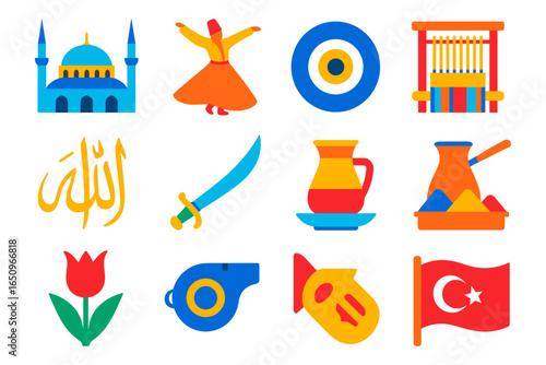 Colorful collection of turkish culture icons and symbols in flat style