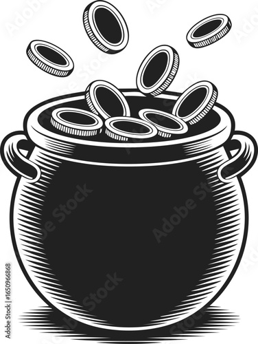 Pot of gold with coins spilling over, treasure cauldron, lucky charm, prosperity symbol in vintage engraved style