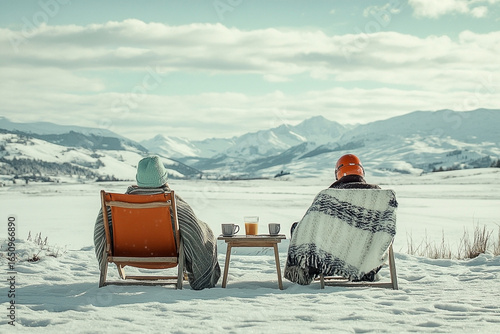 Winter solace: Couple relaxes amidst snow-covered mountains with warm drinks