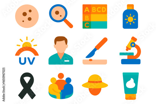 Skin health awareness icons: prevention, protection, and diagnosis