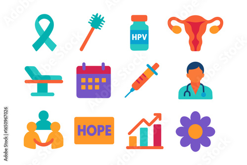 Colorful icons highlighting cervical health awareness and hpv prevention
