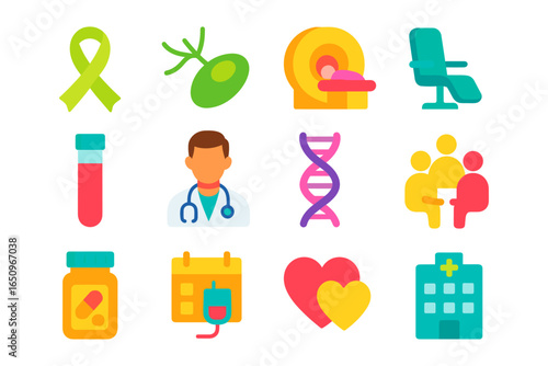 Colorful flat medical icons set featuring doctor, healthcare, and wellness elements