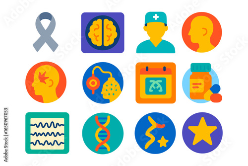 Neurology and mental health icons in modern flat design