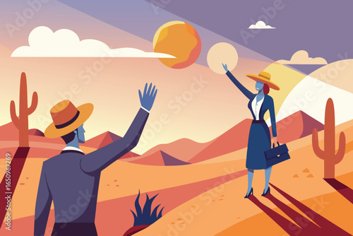 Two business people waving in a desert landscape at sunset