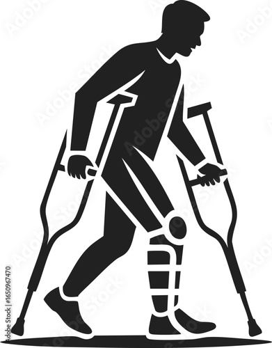 Rehabilitation icon depicting a person using crutches, mobility aid, assistive device for walking, leg support, physical therapy aid