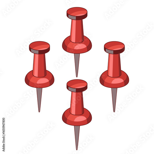 Four Red Push Pins on White Background Illustration for Office Supplies and Organization Concepts