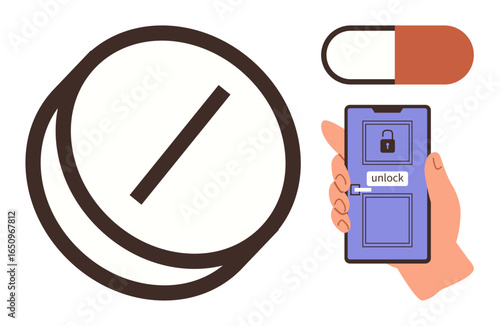 Large pill tablet, capsule, and smartphone with unlocking interface. Ideal for digital health, innovation, medication, technology, healthcare security access. Simple flat metaphor