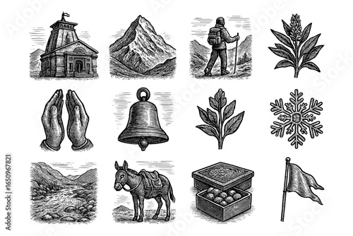 Engraved nature and adventure icons set with mountain hiker and traditional elements