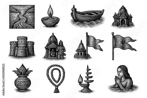 Intricate indian cultural symbols in vintage engraving style