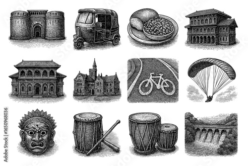Intricate black and white engravings depicting indian architecture and culture