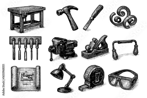 Vintage woodworking tools collection with detailed engravings for craftsmanship enthusiasts