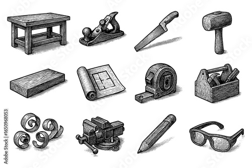 Vintage woodworking tools: hand-drawn workshop essentials in retro style