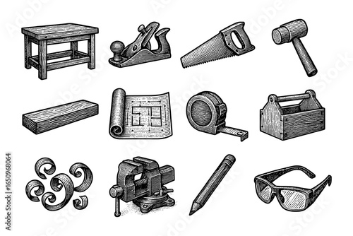 Vintage woodworking tools set with handcrafted workshop elements in engraved style