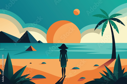 Woman watches sunset on a tropical beach silhouette