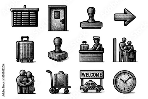 Vintage airport icons: retro travel and transportation elements in monochrome design