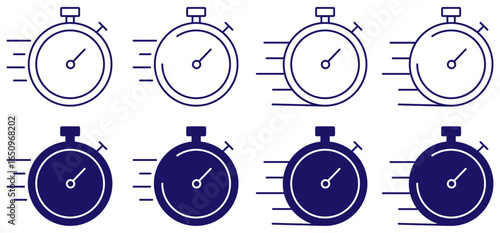 Express icon set in blue color in different style on white background. Fast shipping vector illustration. Fast stopwatch icon. Service delivery logo. Timer, stopwatch, quick, instant, fast delivery