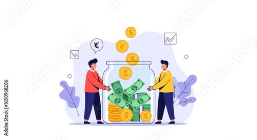 Two people saving money in a jar, illustrating finance, investment, and wealth management concepts