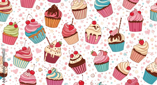 Delicious cupcakes with cherries and strawberries, perfect for bakery, cafe, or dessert shop design