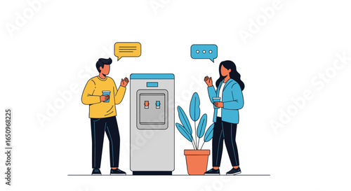 Office colleagues discussing ideas near water cooler with speech bubbles, modern workplace design