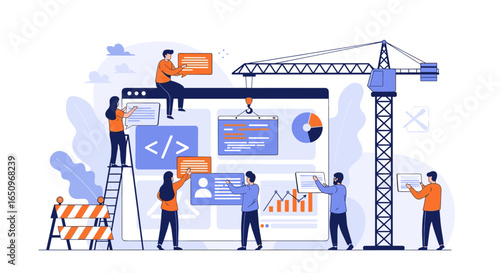 Web development team building website with construction crane and modern design elements