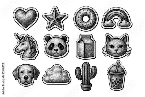 Hand drawn vintage stickers collection: unicorn, cactus, boba tea, and more