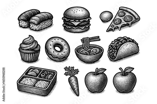 Vintage engraved food collection: burgers, tacos, sushi, pizza, cupcakes, and more