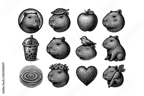 Vintage capybara art: intricate animal portraits and whimsical accessories