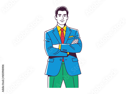 Confident Professional: A composed businessman, impeccably dressed in a tailored suit, stands confidently with arms crossed, embodying professionalism and self-assurance.