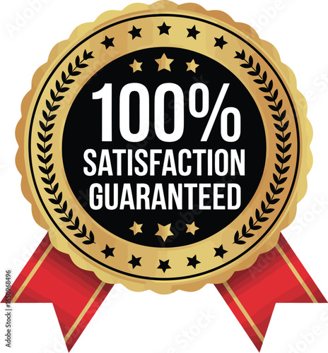 100% Satisfaction Guaranteed Gold Seal – Premium Badge with Red Ribbon for Product Assurance and Customer Trust