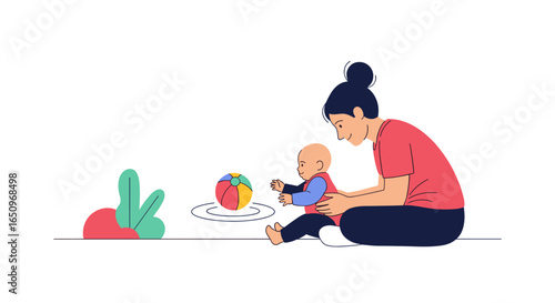 Mother and baby playing with colorful ball, enjoying playful moments together, family time