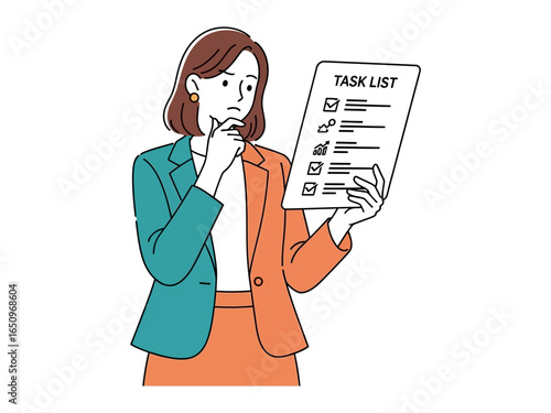 Businesswoman Analyzing Task List: A contemplative businesswoman, clutching a task list, stands deep in thought, her expression one of focused concentration.