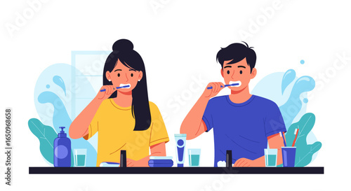 Couple brushing teeth together in bathroom, enjoying morning routine for healthy lifestyle