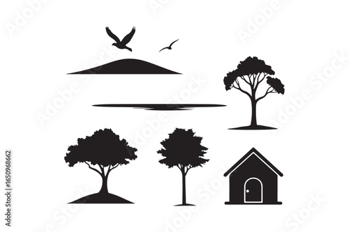Black silhouette elements of nature and rural life