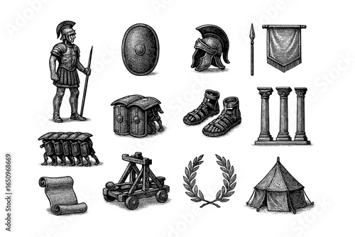 Vintage roman legionary equipment: detailed historical artifacts and symbols